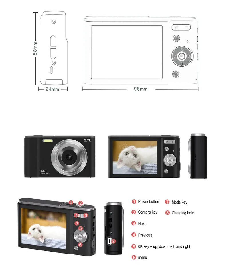 New 48 Million Pixels Hd Digital Camera 4K Shoot Record Mini Camera 2.8 Inch Screen 16X Zoom Camera with Lanyard Mini Camera