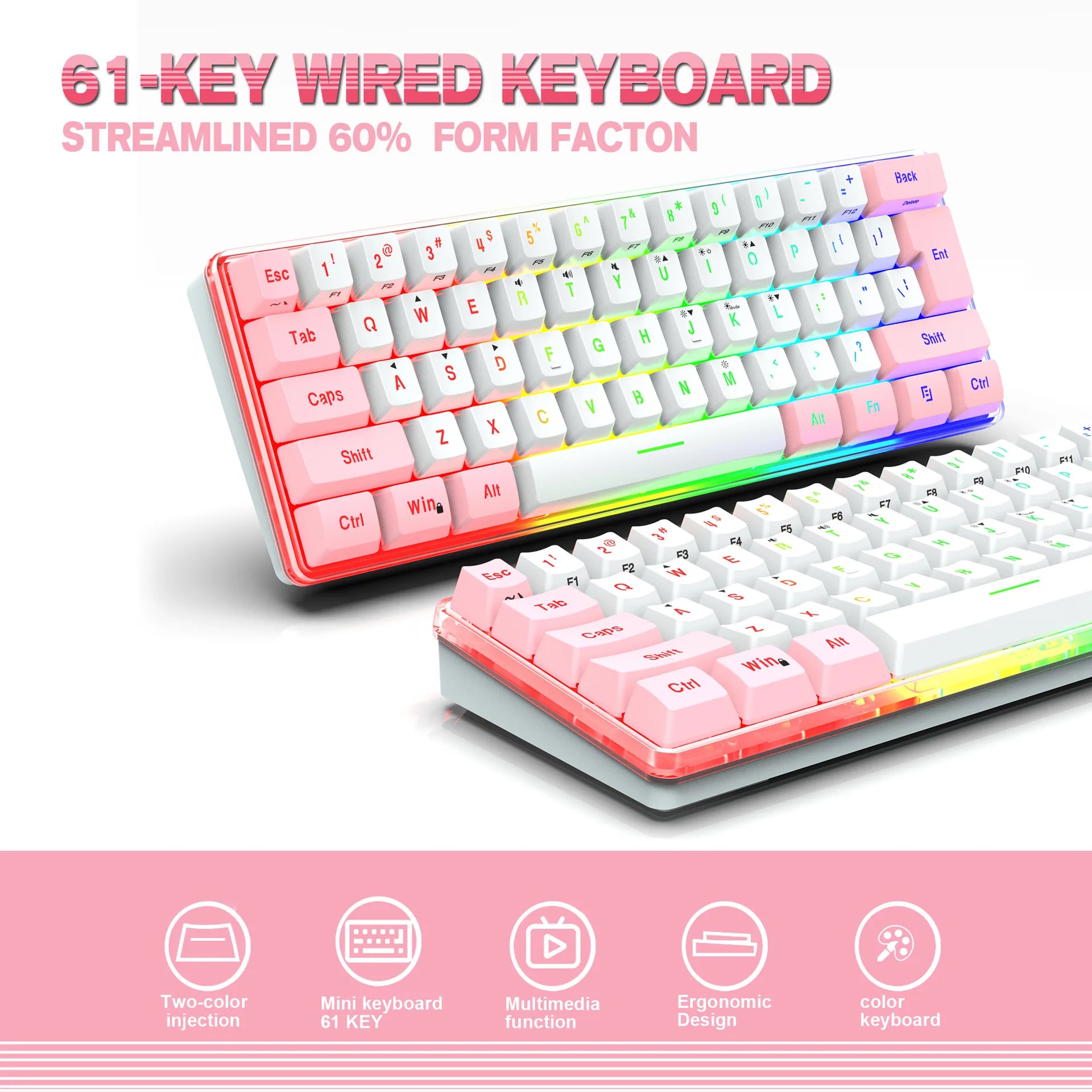 New Second-Generation 61 Key Wired Gaming Film Keyboard RGB Lighting Mini FN Shortcut Key Multiple Combinations in Stock