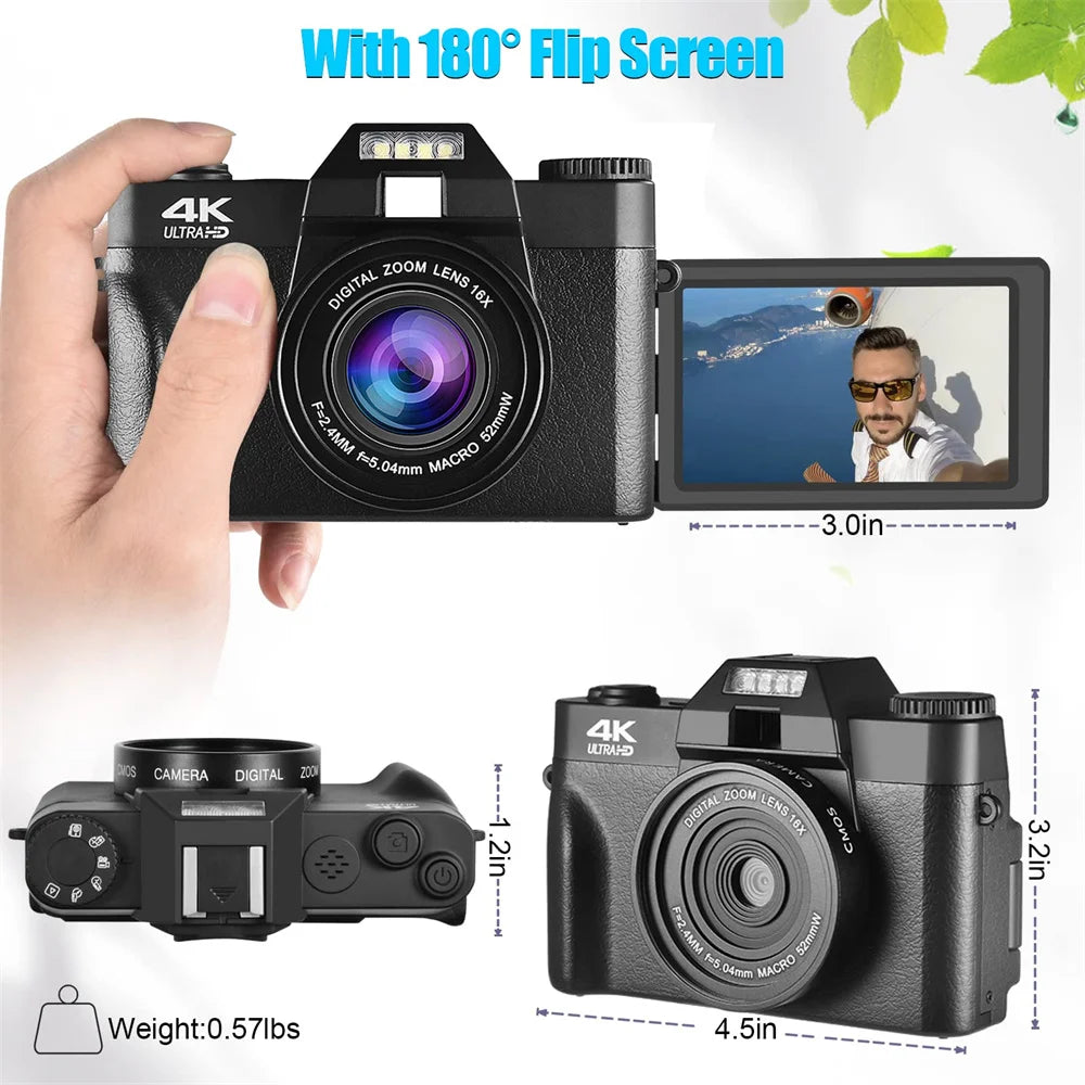 48MP Digital Camera 4K UHD Vlogging Camcorder 3.0" 180° Flip Screen Selfile Digital Webcam for Youtube Wide Angle Macro Lens